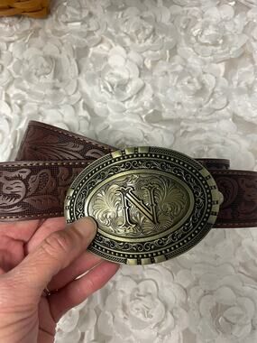 Men's Tooled Leather Belt by BC Belts with "N" Initial Belt Buckle Size M